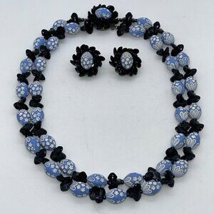 Vintage West Germany Blue & Black Easter Egg Bead Necklace Box Clasp Clip-On